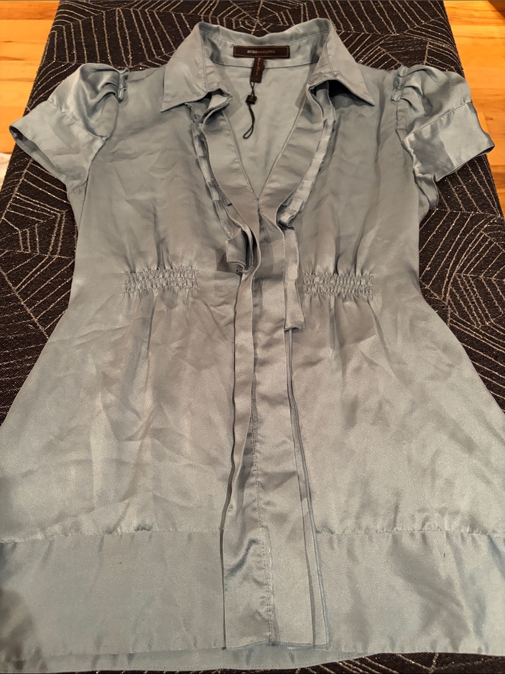 BCBGMaxAzria Light Blue Satin V-Neck Blouse